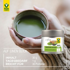 Raab Vitalfood Premium Organic Matcha Green Tea from Japan, Pure Matcha Powder without Additives, Finely Ground, Fine Tart Flavour, Green Tea Powder, Vegan, Tea Ceremony, Pack of 1 (30 g)