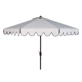 SAFAVIEH 9ft Outdoor Patio Umbrella, Round, Venice Collection, Ivory & Black Trim, Crank, Button Tilt, UV Resistant for Deck, Backyard, Poolside