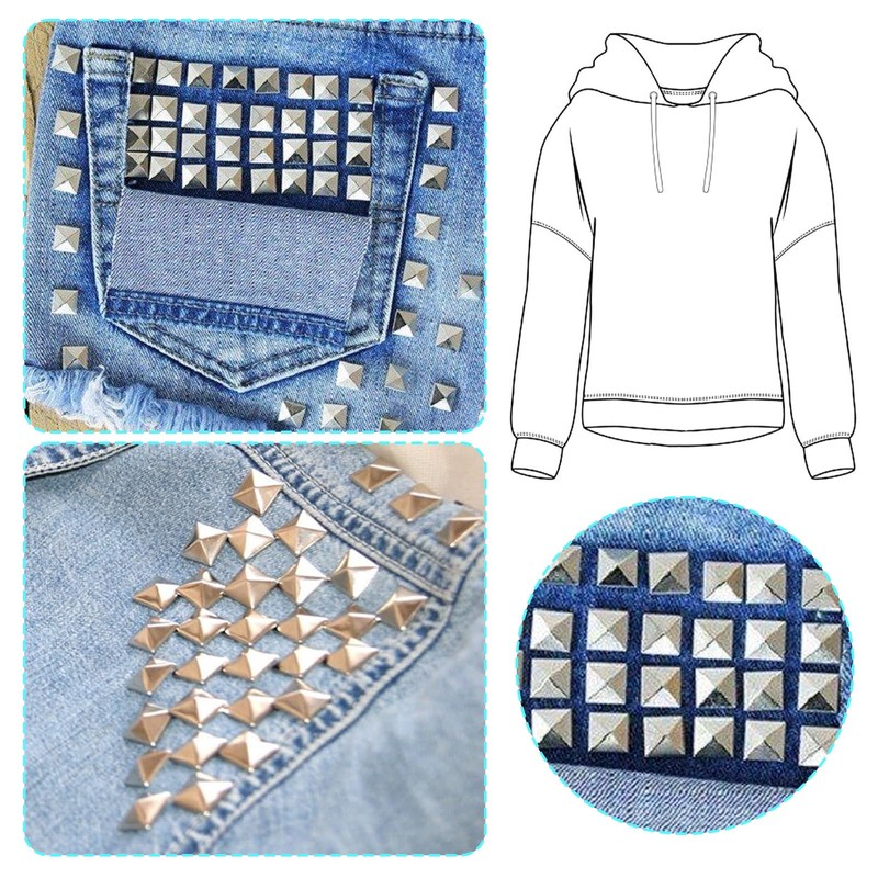 Pack of 100 4 Claws Square Rivets, Pyramid-Shaped Punk Rivet