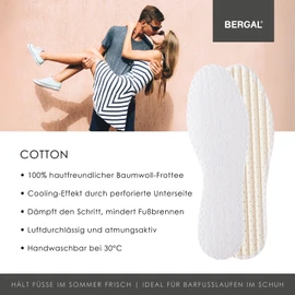 BERGAL COTTON 3 Pairs Soft Thin Barefoot Soles 100% Cotton + Latex Foam Padding with High Moisture Absorption for Fresh Feet All Day Skin-Friendly and Washable Size 9, White