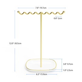 Modern Jewelry Holder Stand with Ceramic Dish - Gold Necklace Display Organizer with Wave Rod for Women, Square Jewelry Tree Stand with Tray for Necklaces Bracelets Rings White & Gold