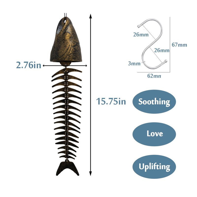 Fish Wind Chime, Fish Skeleton Wind Chime, Durable Metal Fish