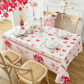 Karseteli Rectangle Valentine's Day Tablecloth, Happy Valentine's Day Gnomes with Roses Table Cloth, Washable Holiday Microfiber Table Cover for Party Picnic Dinner Decor, 60 Inch x 84 Inch