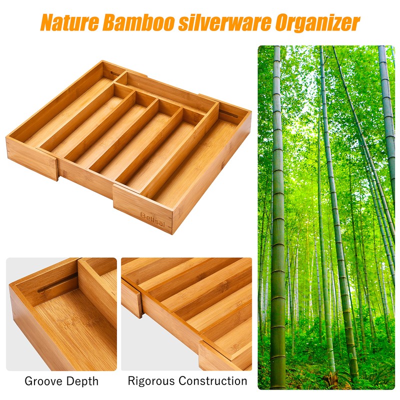 Bellsal Silverware Organizer Kitchen Drawer Organizer Expandable Bamboo Utensil Holder