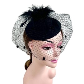 Fascinator Hats 20s 50s Derby Hat Pillbox for Women Tea Party Cocktail Hat with Feather mesh Veil for Wedding Church (US, Alpha, One Size, Black)