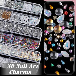 Nail Charms and Gems, Charms for Nails Design Kit with 30 Sheets Flower Nail Stickers, 6 Boxes 3D Nail Charms Colorful Clear Flatback Rhinestones Pearls,Diamonds,Picker Tools,Rhinestone Stickers
