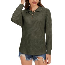 Balivsa Beach Vacation Clothes for Women Buttom Down Henley Shirts Pocket Sweaters Oversized Sweatshirt Green Large