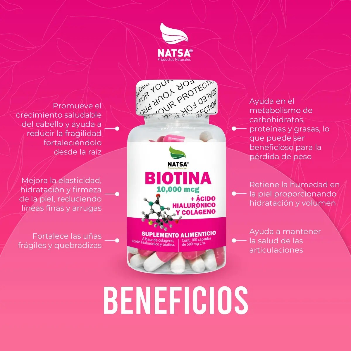Biotina 10,000 Mcg Con Ácido Hialurónico Y Colágeno 100 Caps, Calidad Premium
