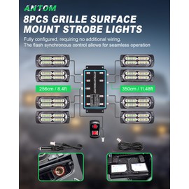 AnTom 8pcs Emergency Strobe Lights for Trucks, Sync Feature Vehicles Grille Surface Mount 24-LED Flashing Hazard Warning Light Kit with Controller and Wiring Harness, No additional wiring required