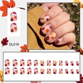 Fall Press on Nails Short Square Fake Nails Thanksgiving Nail Press ons with Autumn Maples Design,Matte Reusable Artificial Nail Full Cover Glue on Nail Stick on Nails for Women Manicure 24 Pcs