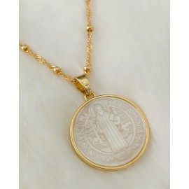 Mother of pearl St Benedict medal necklace religious jewelry protection amulet