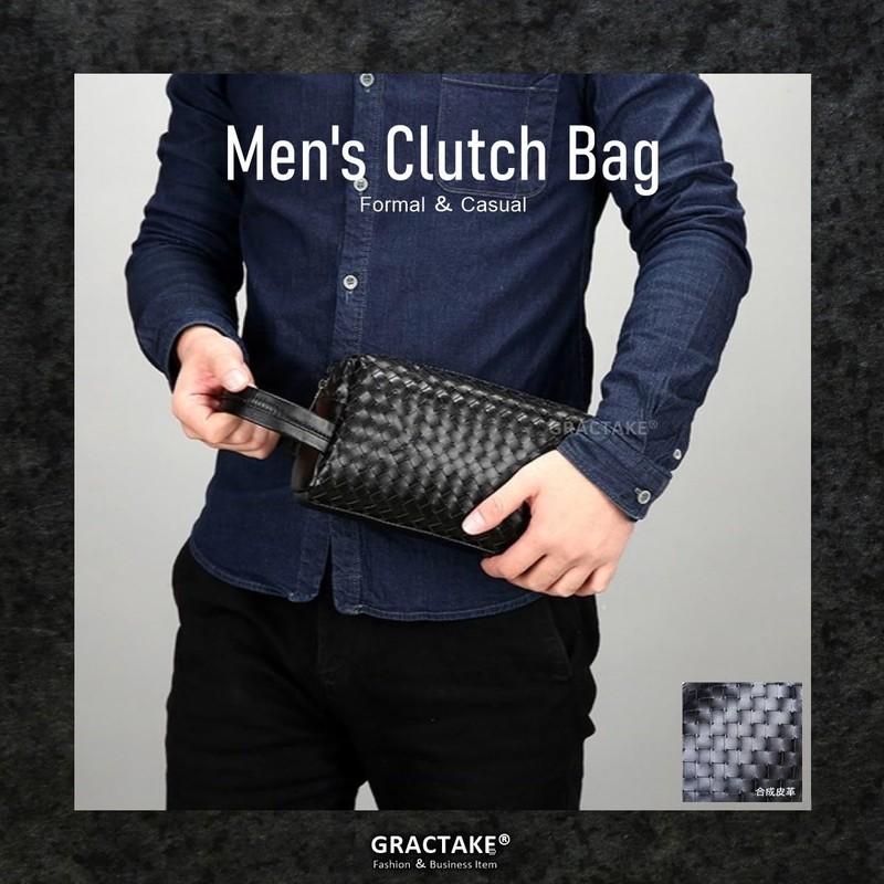 GRACTAKE Second Bag, Men's Leather, Synthetic Leather, Clutch Bag, Braided,