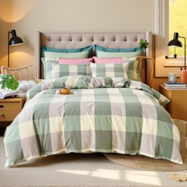LILYPEACH Green Plaid Duvet Cover Set King Size, Multicolor Buffalo Checkered Grid Gingham Bedding Set, 3 Piece Egyptian Cotton, Zipper Closure, Soft Breathable, for Bedroom Guest Room All Seasons