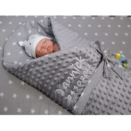BotoBaby ★ Two-layer baby blanket with name and date embroidered ★ Minky ★ Cotton ★ Filling ★ (Grey - Stars 3, 75 x 75 cm Swaddling Blanket)