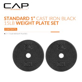 CAP Barbell Cast Iron Standard 1-Inch Weight Plate Set – Barbell Weights for Home Gym, Strength Training, and Weightlifting, 7.5 lb Set of 2, Black