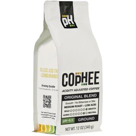 Low Acid Coffee – Original Blend – Ground Medium Roast – Smooth Non-GMO Arabica Coffee – Electrolyte Infused for Sensitive Stomachs, Acid Reflux, and Heartburn ~pH 6.5 – 12 oz Original by COpHEE