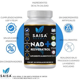 Nad 60 Cápsulas Nicotinamida Adenina Dinucleótido + Resveratrol Calidad Premium SAISA HERBAL