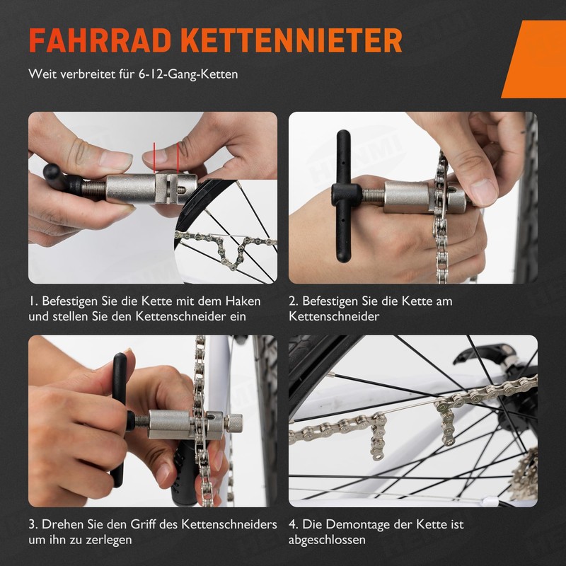 HENMI Chain Riveter Bicycle, Chain Pliers, Chain Gauge and 4