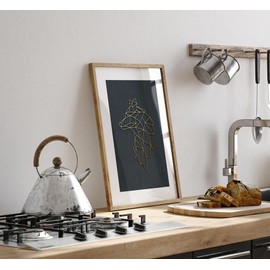 Lithobee - Geometric Gold Wolf Head - Printed Wall Art Design in Sizes A2, A3 & A4 Framed in a Stylish Quality Coloured Frame or Unframed (A3 White Saw Cut Grain Frame)