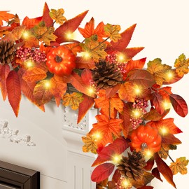 6ft Fall Garland with Lights,Autumn Pumpkin Garlands with Berry Pine Leaves,Floraleaf Garland for Mantle Table, Thanksgiving Indoor and Outdoor Fall Decor