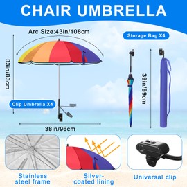 Cosblank 4 Pcs Chair Umbrella with Clamp Adjustable Beach Umbrella with 4 Pcs Storage Bags UPF 50+ Clip on Parasol Portable Chair Umbrella with Sun Protection Coating for Beach Patio Chair (Fresh)