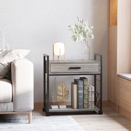 HOMCOM Industrial End Table with Drawer and Bottom Shelf, Mobile Side Table with 4 Wheels for Living Room,Grey