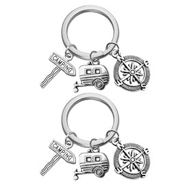 TOYANDONA Pack of 2 Camping Keychain Compass Keychain Camping Key Ring Happy Camper for Men Women Camper, silver