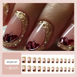 24Pcs Square Press on Nails Medium Length Fake Nails Gold Glitter Designs Acrylic Nails Winter Glue on Nails Reusable Artificial False Nails Full Cover Stick on Nails for Women Manicure Art