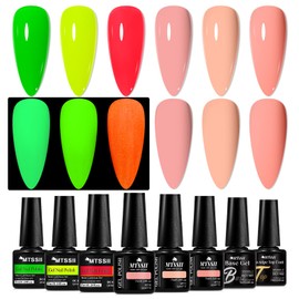 MTSSII Glow in the Dark Gel Nail Polish Luminous Neon Green Yellow Pink Gel Polish Set Nude Pink Neutral Beige Skin Tone Gel Nail Polish Set for DIY Nail Art Design 8Pcs(Glow+Nude)