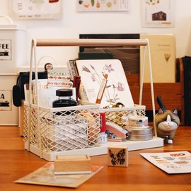 TIEYIPIN Portable Home Storage Caddy Basket, Grid Iron Wire Storage Basket with Solid Wood Handled, Kitchen Bathroom Office Desktop Countertop Makeup Organizer - White