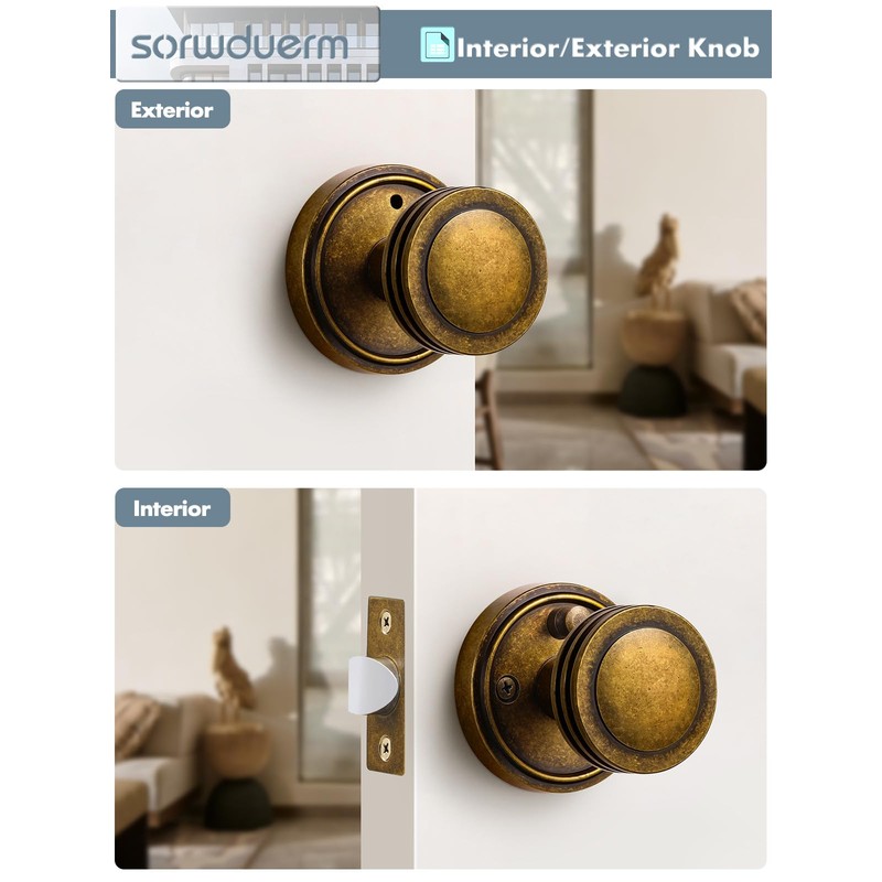 SORWDUERM 1 Pack Antique Brass Bronze Door Knob Interior Privacy