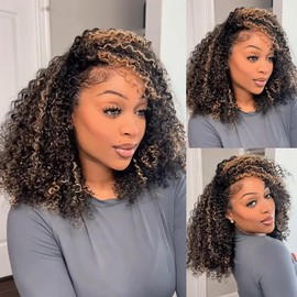 Kinky Curly wig Half Wig Human Hair Drawstring Balayage Highlight Ombre No Lace Glueless Wear Go Wig Drawstring Invisible Hairline Beginner Friendly For Women Flip Over Clip In 250% Density 18Inch