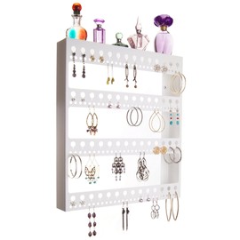 Angelynn's Wall Earring Holder Organizer for Big Large Hoop Long Post Stud Earrings Hanging Jewelry Closet Storage Rack with Shelf, Rose White
