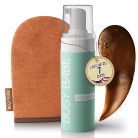 Autobronceador en espuma bronceadora Golder Hour con guante: consigue un bronceado espectacular e impecable, un brillo bronceado para todo tipo y tono de piel, espuma bronceadora sin sol para