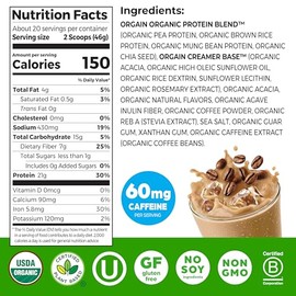 Orgain Organic Vegan Protein Powder, Iced Coffee - 21g Plant Protein, 60mg of Caffeine, Low Net Carb, No Lactose Ingredients, No Added Sugar, Non-GMO,