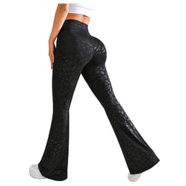 OYOANGLE Women's Leopard Print Flare Leg Yoga Pants Elastic High Waist Skinny Athletic Sport Bell Bottoms with Pocket Black Small