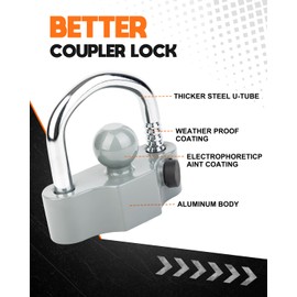 DEEAGLE Trailer Coupler Lock, Heavy Duty Trailer Hitch Lock Fits 1-7/8 Inch, 2 Inch, 2-5/16 Inch Couplers, Ball Hitch Lock with Keys, Grey