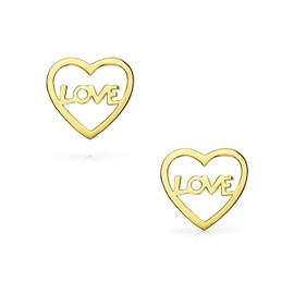 Petite Minimalist Real 14K Yellow Gold Word Symbol Of Love Heart Shape Stud Earrings For Women Teen Girlfriend Secure Screw back