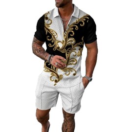 Kubsid Gold Black Whte Color Mixed Paisley Pattern XXL Men Track Suits 2 Piece Set Summer Casual Outfits Fashion Polo Shirts Short Sleeve and Shorts Set Vacation Clothes
