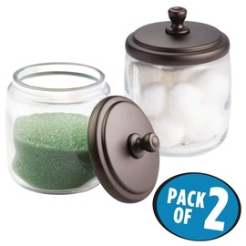 mDesign Glass Apothecary Jar Storage Organizer Container Holder with Steel Lid for Bathroom, Vanity, Laundry Room Organization - Holds Cotton Balls, Swabs, Rounds - 2 Pack, Clear/Bronze