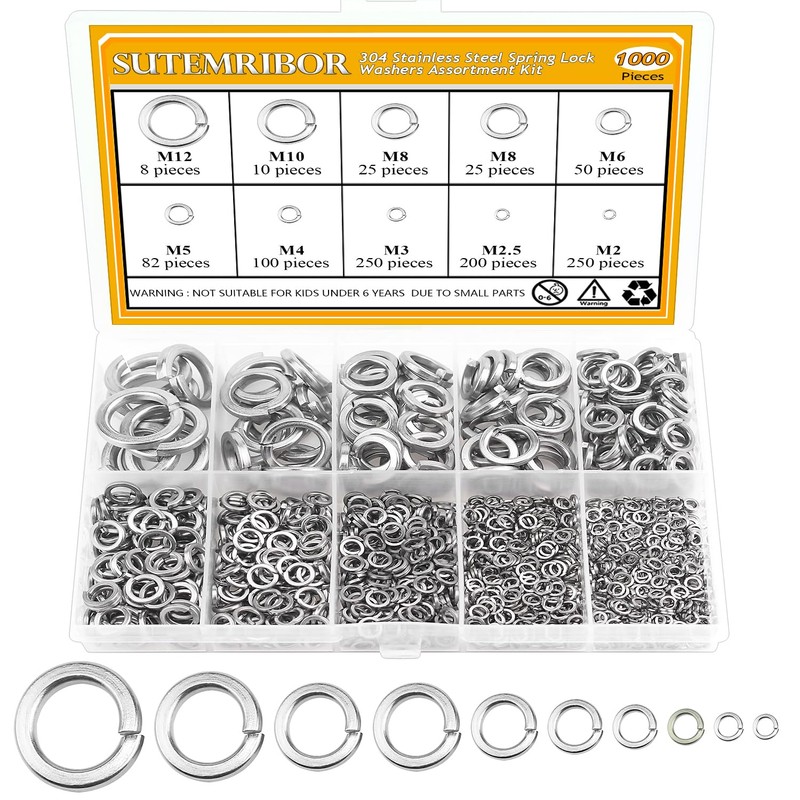 Sutemribor 1000 Pieces 9 Sizes 304 Stainless Steel Lock Washers,
