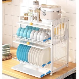 Gdrasuya10 Medium Dish Drying Rack for Kitchen Counter, Stainless Steel Dish Strainer with Cover 2 Tier Kitchen Counter Utensil Holder Dish Drainer Rack Cup Rack (White)