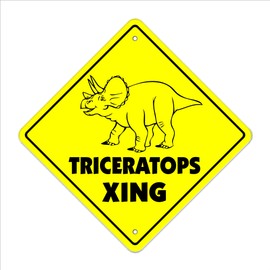 Triceratops Crossing Sign Zone Xing | Indoor/Outdoor | 14" Tall Plastic Sign Prehistoric Dinosaur t rex