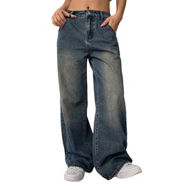 Women High Waist Baggy Jeans Vintage Wide Leg Jeans Loose Boyfriend Jeans Denim Pants Y2K Dark Blue M