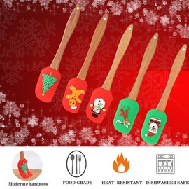 Christmas Spatula Set, 5 Pcs Kitchen Christmas Silicone Spatula Set with Wooden Handle for Baking and Cooking, Christmas (Assorted)