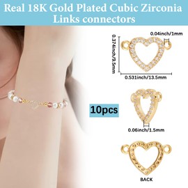Beebeecraft 1 Box of 10 Zirconia Connectors 18 Carat Gold-Plated Heart Connectors with Double Loops Pendant Charm for DIY Necklaces Bracelets Jewellery Making Valentine's Day Gift