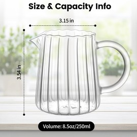 2 Pack 8.5 Ounces Glass Pitcher Small Pitcher Milk Frother Cup Mini Creamer Container Tea Serving Carafe Heat Resistant Breast Milk Pitchers for Coffee Bar Kitchen Essentials