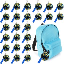 24 Pack Pom Pom Keychains for Cheerleader Cute Keychains for Girls with Customizable Label Belt for DIY Name using Heat Transfer, Perfect for Cheerleading Pins, Competition Awards & Backpack Charms