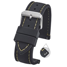 STUNNING SELECTION ALPINE Smooth and sporty silicone stitched watch band with quick release spring bars- Black with yellow stitching - 20mm (fits wrist sizes 6 1/4 to 8 inch)
