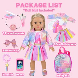 14Pcs American 18 Inch Doll Clothes and Accessories Makeup Playset Include Girl Dolls Clothes, Skirt, Backpack, Bracelet, Hair Clip, Phone and Makeup Sets（No Doll and Shoes）